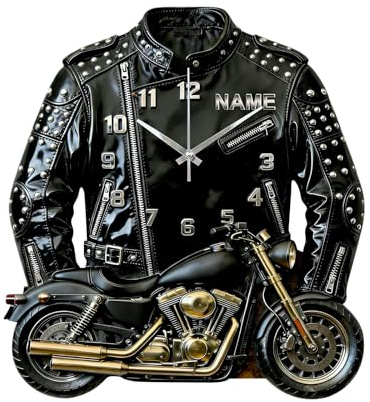 HSAEANZL Personalized Motorcycle Leather Themed Wall Clock with Name Customizable Clocks Gift‘S for Motorcycle Rider 2D Flat Printing (Style-4)