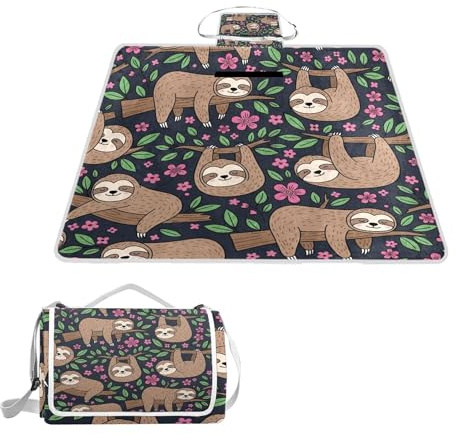 ALAZA Rechteckige, wasserdichte Picknickdecke, lustiges Faultier zum Aufhängen am Baum, Blumen, Zweig, tragbar, faltbar, für den Innenbereich, Matte für Reisen, Wandern, Camping, Park, 150 cm x 145 cm