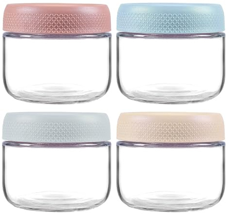 INCETUE 250 ml/8 oz Glas Vorratsdosen mit Deckel, 4er Set Kleine Süße Dekorative Vorratsgläser, Stapelbarer Glasbehälter für Overnight Oats, Müsli, Joghurt, Salat, Pudding, Pasta, Nudeln, Mehl