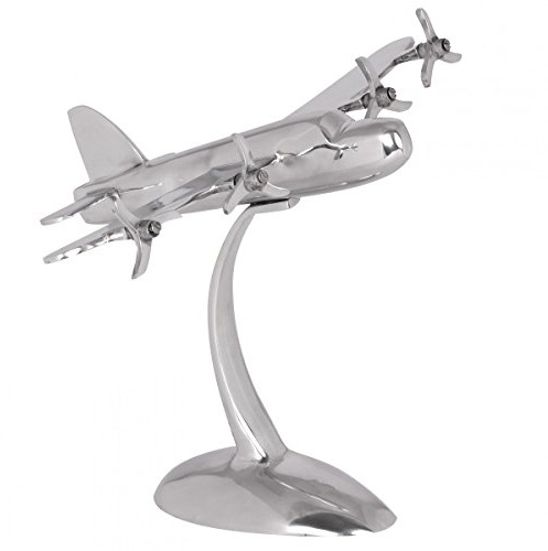 FineBuy Deko Flugzeug 42x30x30 cm Aluminium Silber mit Standfuß | Propeller-Flieger aus Metall mit Samtbezug an der Unterseite, Tischdeko handgefertigt, Geschenkidee