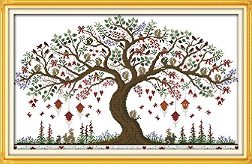 YEESAM ART Unstamped Cross Stitch Kits for Adults, Love Tree of Life 14ct Counted Unprinted Embroidery Kit Needlework Wall Art Decor