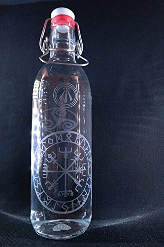 Freiglas 1,0l Trinkflasche aus Glas *Vegvisir, Runenkompass der Wikinger* 100% plastikfrei, nachhaltig, Wasserflasche