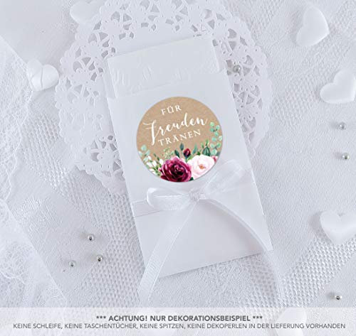 Freuden Tränen Taschentücher Set zur Hochzeit Klein 24 Sticker + 24 weiße Flachbeutel 63 x 93 mm Freudentränen Taschentuch Verpackung BOHO HIPPIE ROSEN EUKALYPTUS BLATT KRAFTPAPIER ROT ROSA BLAU