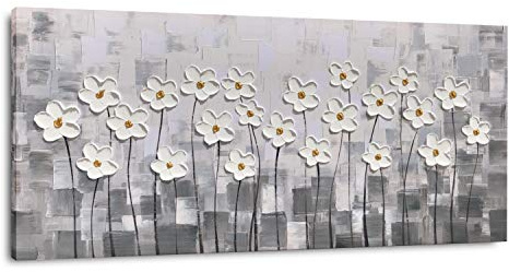 Yihui Arts Canvas Wall Art Grey and White Flowers Pictures Blossom Modern Floral Pallet Knife Painting Framed for Bedroom Kitchen Dinning Room Living Room Office Home Decor