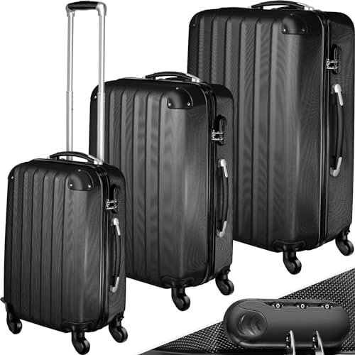 tectake® 3 TLG Reisekoffer Set, Hartschalenkoffer Set, Trolley Kofferset, ABS Hartschalen Reisekofferset, Reisetasche, Trolley, Gepäck, 4 Rollen, 360 Grad drehbar, Teleskopgriff - schwarz