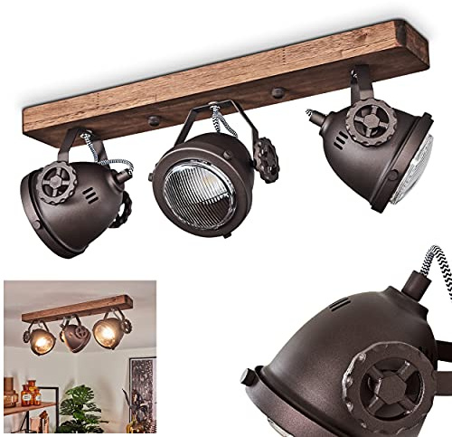 HOFSTEIN Deckenleuchte Herford, verstellbare Deckenlampe aus Metall/Holz/Glas in Braun/Natur/Klar, Leuchte im Industrial/Retro/Vinntage-Design, 3 x GU10, Esszimmmer, Schlafzimmer, Wohnzimmer, Küche