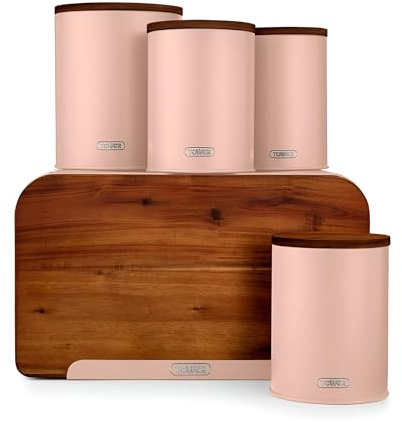 Tower Scandi 5 Piece Acacia Wood Storage Set with Bread Bin, Biscuit Barrel, Canisters, Pink Clay,T826140PCLY
