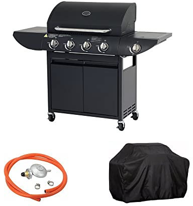 Lagerfeuer Gasgrill - 4+1 Brenner Gasgrill mit Warmhalterost, Seitenbrenner, Temperaturanzeige, Schrankablagerregal & Rollen - Tragbar - Stahl & Chrom - Für Unterhaltung und Wohnen im Freien - Schwarz