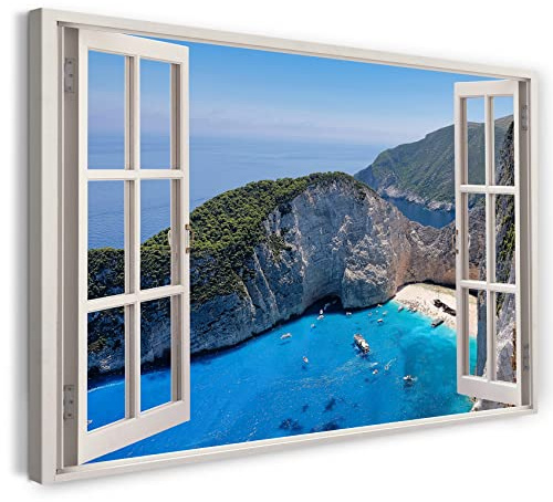 Printistico Bilder Fensterblick 120x80cm Baumwoll-Leinwand auf Keilrahmen mit Aufhänger moderner Kunstdruck XXL Wandbilder Wand-Dekoration Bucht Meer Berge Klippen Hellblau - Natur-Fotografie