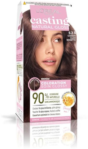 L'ORÉAL PARIS - Permanente Haarfarbe, Ultra Glossy, ohne Ammoniak – 90 % natürliche Inhaltsstoffe – Casting Natural Gloss – Nuance: Hellbraun Haselnuss (523)