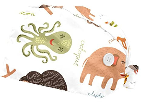 2er-Pack Schrubbmützen,Bouffant-Hüte,Zoo-Cartoon-Tier,Arbeitskappen mit Knopf und Schweißband,verstellbar