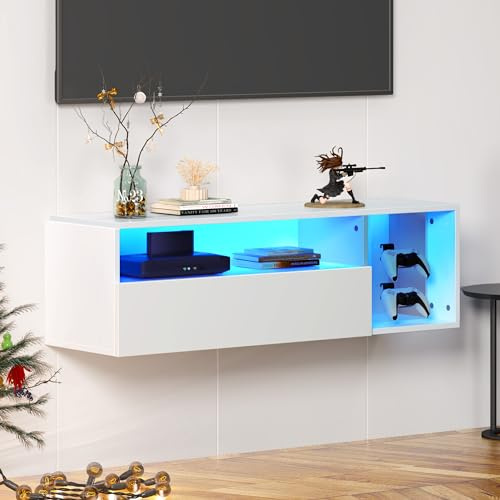 sogesfurniture Meuble TV mural flottant de 100 cm avec lumières LED, centre de divertissement mural avec étagères de rangement, console multimédia moderne haute brillance pour salon, chambre à coucher
