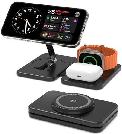 GEEKERA Caricatore con Magsafe, 3 in 1 Stazione di Ricarica per Apple Watch e iPhone Air/17/16/15/14/13/12, Caricatore Wireless per iWatch 2-Ultra 3, Base Caricabatterie per AirPods 2-Pro 3, Nero