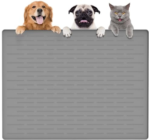 Thinken Hundefuttermatte, 100,3 x 74,9 cm, Silikon, Hunde- und Katzenmatte für Futter- und Wassernäpfe, wasserdicht, rutschfest, XXXL, für Böden (Hellgrau)