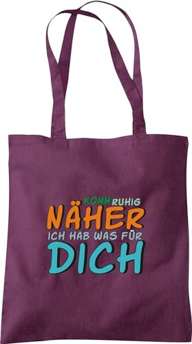 Shirtinstyle Stoffbeutel, Baumwolltasche Komm ruhig näher ich hab was für Dich, Lange Henkel, Baumwolle, Familie, Farbe Plum