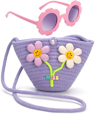 LJCTULY Little Girls Purse for Kids, Toddler Purse with Beaded and Flowers, Small Crossbody Bag, Purple Woven Bag, Gifts for Easter Birthday