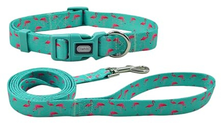 Olahibi Hundehalsband-Leinen-Kombi-Set, Flamingo-Muster, Polyester-Gurtband, Halsband und 150 cm passende Leine, für kleine Hunde (XS, grüner Flamingo)