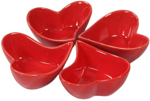 JHNIF 4pcs Red Porcelain Dessert Bowl, 4oz Heart Shaped Pudding Bowl Sauce Bowl