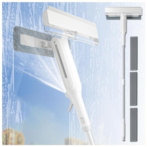 RYJYQYX 4 in 1 Sprüh Fensterwischer Mit Teleskopstiel mit Abwassersammler und 3 Pads, Fensterwischer Mit Teleskopstiel mit Verlängerungsstange Fensterputz Set für hohe Innen/Außenfenster