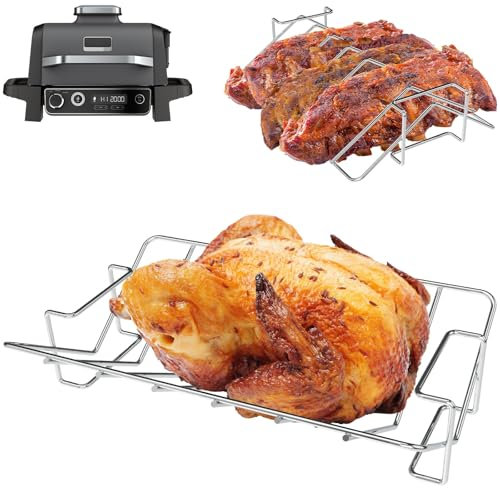 WEBROIL 2 in 1 Ribbed Grill for Ninja Smoker OG900, OG800, OG951, OG952 - Ninja Turkey Roasting Rack Woodfire Pro Connect XL - BBQ Accessories Stainless Steel Silver