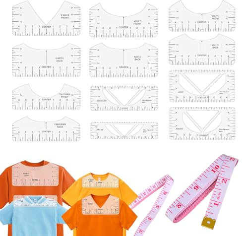 TenaLucy 12 Stück T-Shirt Ausrichtungslineal, Transparente Lineal Nähen | T-Shirt Zentrierung Werkzeug PVC, Nähen Zubehör Anleitung Lineal mit 1-Meter-Messlineal für DIY-Bekleidungsherstellung