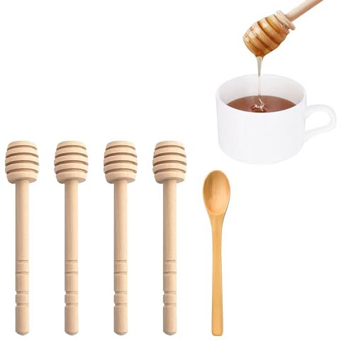Set di 5 Pezzi Legno per Miele: 4 Spargimiele e 1 Cucchiaio in Legno Naturale, Cucchiai di Miele Accessori Professionali per Miele, Design Elegante e Pratico, Cucchiaio Ideali per Miele Tè e Bevande