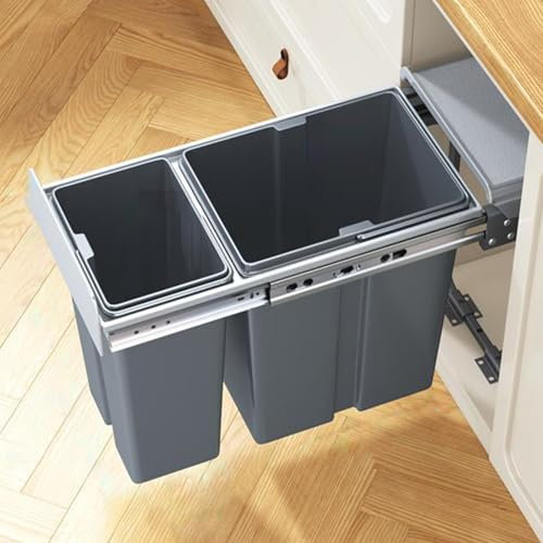 SanzIa Basurero Doble Bajo Fregadero, Cubo de Basura Deslizable Bajo Fregadero con Tapa, Cubo de Basura Deslizable Bajo Encimera Montaje en Puerta y Cajón(25.5x48x41cm)