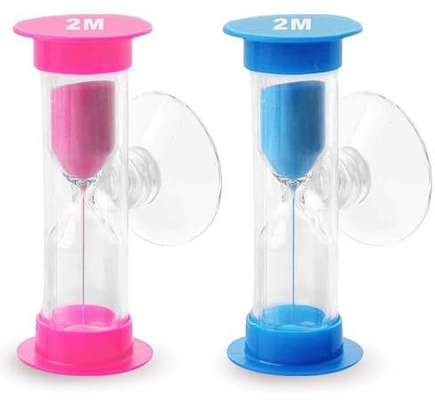 2 Minute Sand Timer with Suction Cup, Small Blue and Pink Acrylic Hourglass Sand Clock Set, Plastic Glass Mini Sandglass for Toothbrush Classroom Games Kitchen (Pack of 2)