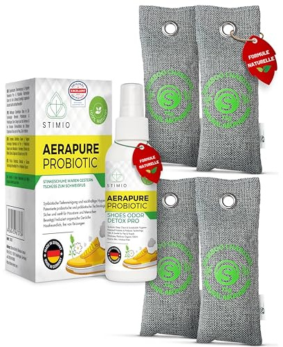 Stimio Friskhetsset för snygga skor - 4 påsar med aktivt kol + probiotisk spray 100 ml - naturlig, kemikaliefri, effektiv mot dålig lukt