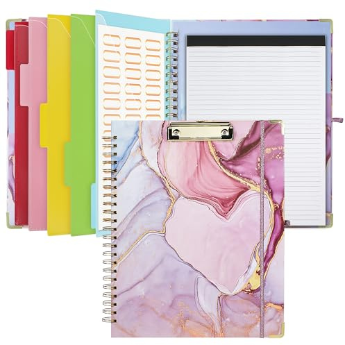 Clipboard with Storage and Refillable Notepad for Letter Size 8.5x 11, Cute Clip Board with 5 Extra Folders with Tabs and Storage, Nursing School Office Supplies, Pink Marble