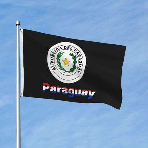 Bandera paraguaya con emblema nacional de Paraguay, de poliéster, de 90 x 150 cm, de doble cara, ideal para jardín, exteriores, hogar, patio, decoración de festivales.
