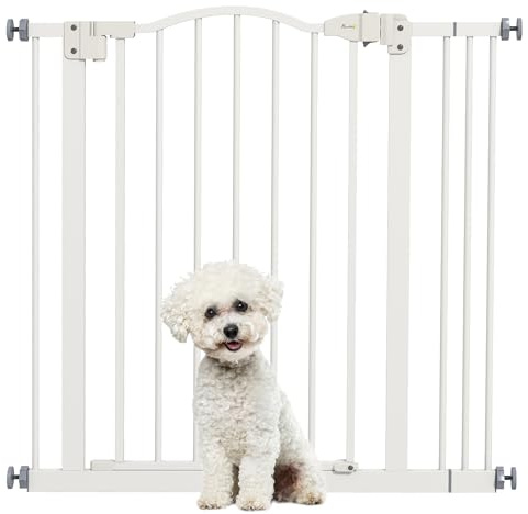 PawHut Barrera de Seguridad para Perros Extensible 74-87 cm, para Puertas y Escaleras, Barrera para Perros con Extensión 7 cm, Montaje a Presión y Doble Bloqueo, Blanco