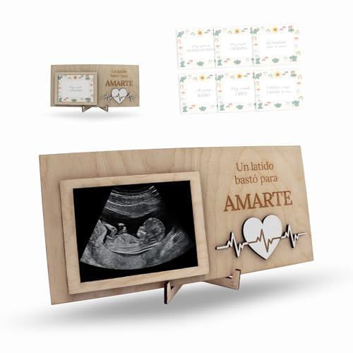ayurvana: Marco Ecografía y Tarjetas Hitos - Regalo Recuerdo Bebé Madera | Marco madera personalizable con ecografía + 6 tarjetas de hitos. El pack completo para inmortalizar el primer año de tu bebé.