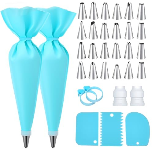 LXUEJIE Sac à poche e punte, riutilizzabili per decorare torte, con 2 sac à poche e 24 beccucci per glassa, 2 accoppiatori, 3 raschietti e 2 anelli in silicone, strumenti per la cottura di torte per