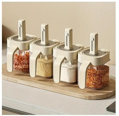 Mr.Gadget's Solutions 4 Pack Glass Seasoning Jars with Retractable Spoon and Lid, Air-Tight Seasoning Containers Spice Jars,Sugar Container Salt Cellar Box, Condiment Containers with Lids