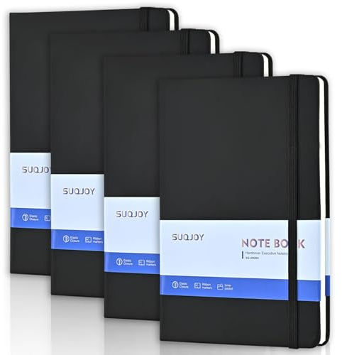 SUQJOY A5 Notizbuch Liniert 4 Stück, Hardcover-Notizbücher Schwarz, 160 Seiten, 100 g/m² Papier, mit Gummiband, Leseband und Innentasche, Notizbücher Set für Büro, Schule, Studium und Arbeit