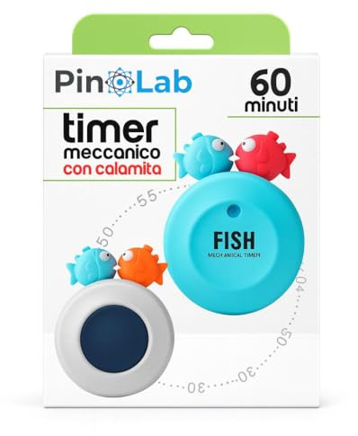 PinoLab – Timer Meccanico da Cucina 60 Minuti con Calamita | Contaminuti Magnetico con Pesciolini Divertenti | Ideale per Forno, Cottura, Studio e Attività Bambini | Analogico Facile e Affidabile