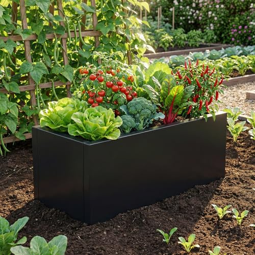 Warmiehomy Raised Garden Beds Galvanised Steel, Outdoor Planter Box with Drainage Holes, 80x30x30cm, 70L Metal Raised Beds with Safety Edging for Vegetables, Flowers, Herbs, Black