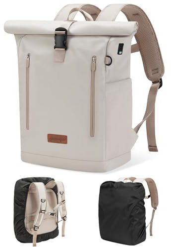 YOKGO Rucksack Damen & Herren, 24-30L Rolltop Rucksack Laptoprucksack mit 17 Zoll Laptopfach & USB Anschluss, Wasserabweisend mit Regenhülle, Schulrucksack Reiserucksack für Uni Arbeit Freizeit Reisen