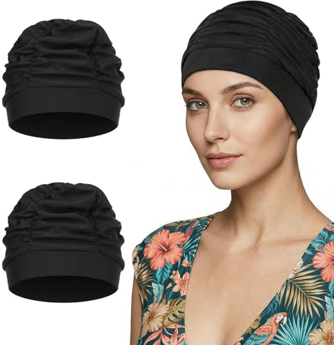 Amabro Cuffia da bagno traspirante da donna, in tessuto elastico, per capelli lunghi, estiva, spiaggia e piscina coperta, 2 pezzi, colore nero