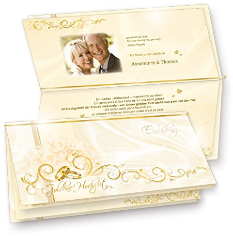 tatmotive 40 Sets Einladungskarten Goldene Hochzeit | Edler Perlmutteffekt, bedruckbare Einlegeblätter mit Rankenmotiv, praktische Haftklebe-Umschläge, glänzende Goldschlaufen