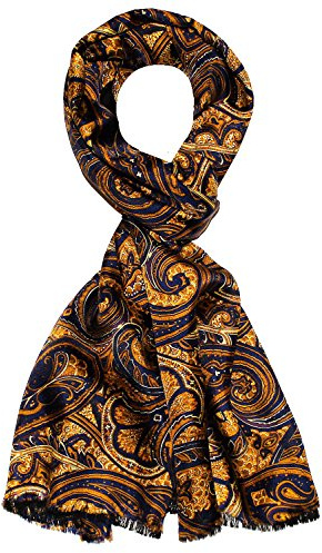 Lorenzo Cana - Herren Schal Wendeschal harmonische Farben - Vorderseite bedruckte Seide - Rückseite gewebte Wolle - 30 cm x 160 cm blau gold