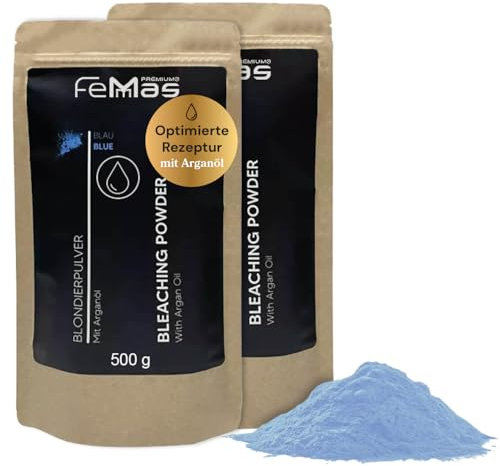 FemMas Blondierpulver blau 1000 g I Blondierungspulver staubfrei, mit pflegendem Arganöl I Für gleichmäßige Blondierung & Strähnen-Techniken I Hair Bleach für Aufhellungen bis zu 7 Nuancen