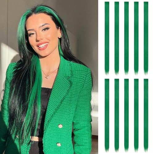FESHFEN Extension Capelli Colorati Clip - 10 Pezzi Ciocche Capelli Verde Colorate Extensions con clip per Carnevale e Feste per Donna, 55 cm