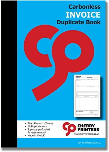 Cherry Printers Carbonless NCR Duplicate Invoice Book Perfect for Self Employed with Space for VAT A6 (105 x 149 millimetres) 50 Duplicate Sets per Book **4 Pack**