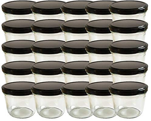 hocz 25x Marmeladengläser 230 ml Set | Deckel Schwarz TO 82 | mit Etiketten NZ | Einmachgläser mit Schraubdeckel zum befüllen | Sturzgläser für Marmelade Schraubgläser | leere Gläser | 25 Stück
