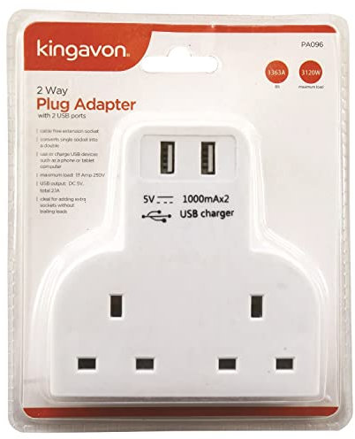 1x 2-Way Power Strip with 2 USB Ports - Multi Plug Mains Wall Socket Extension for Home, Travel - No Lead or Cable - By Kingavon