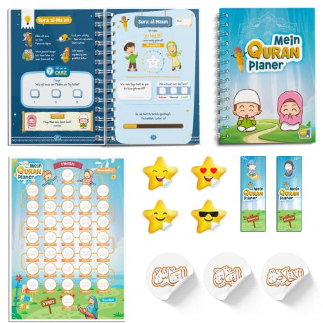 Quran Planer Deutsch Kinder Koran Lernheft Poster Aufkleber Ramadan Eid | Islamisches Geschenk zu Ramadan & Eid: Quran Planer für Kinder Juz Amma mit 37 Suren