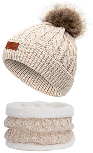 Yixda Baby Mütze Schal Set Mädchen Jungen Warm Fellbommel Beanie Hüte