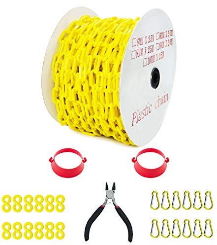 Reliabe1st 125 Feet Yellow Plastic Safety Barrier Chain with 12 S-Hooks | 12 Carabiner Clips | 2 Chain Connector | Caution Security Chain Safety Chain for Crowd Control, Construction Site